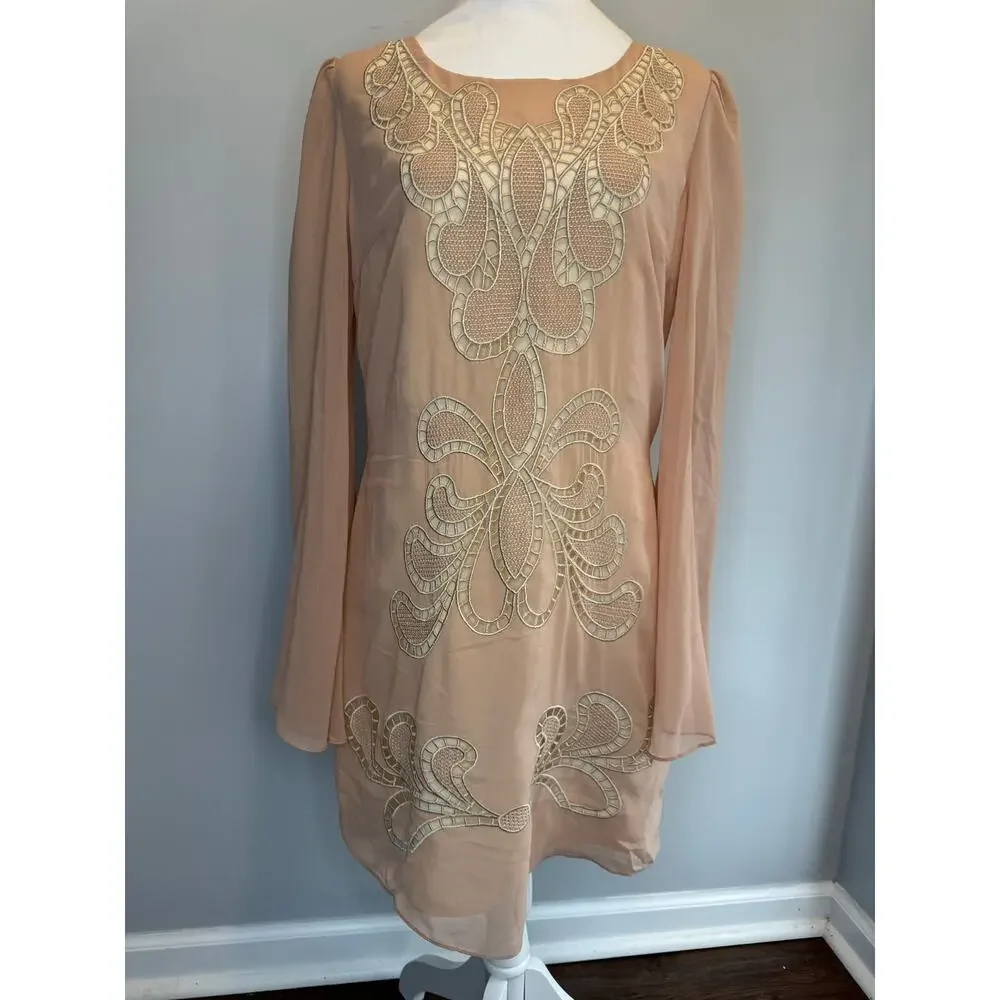 Ark & Co. Anthropologie peach blush embroidered dress tunic sheer bell sleeve - Picture 5 of 15
